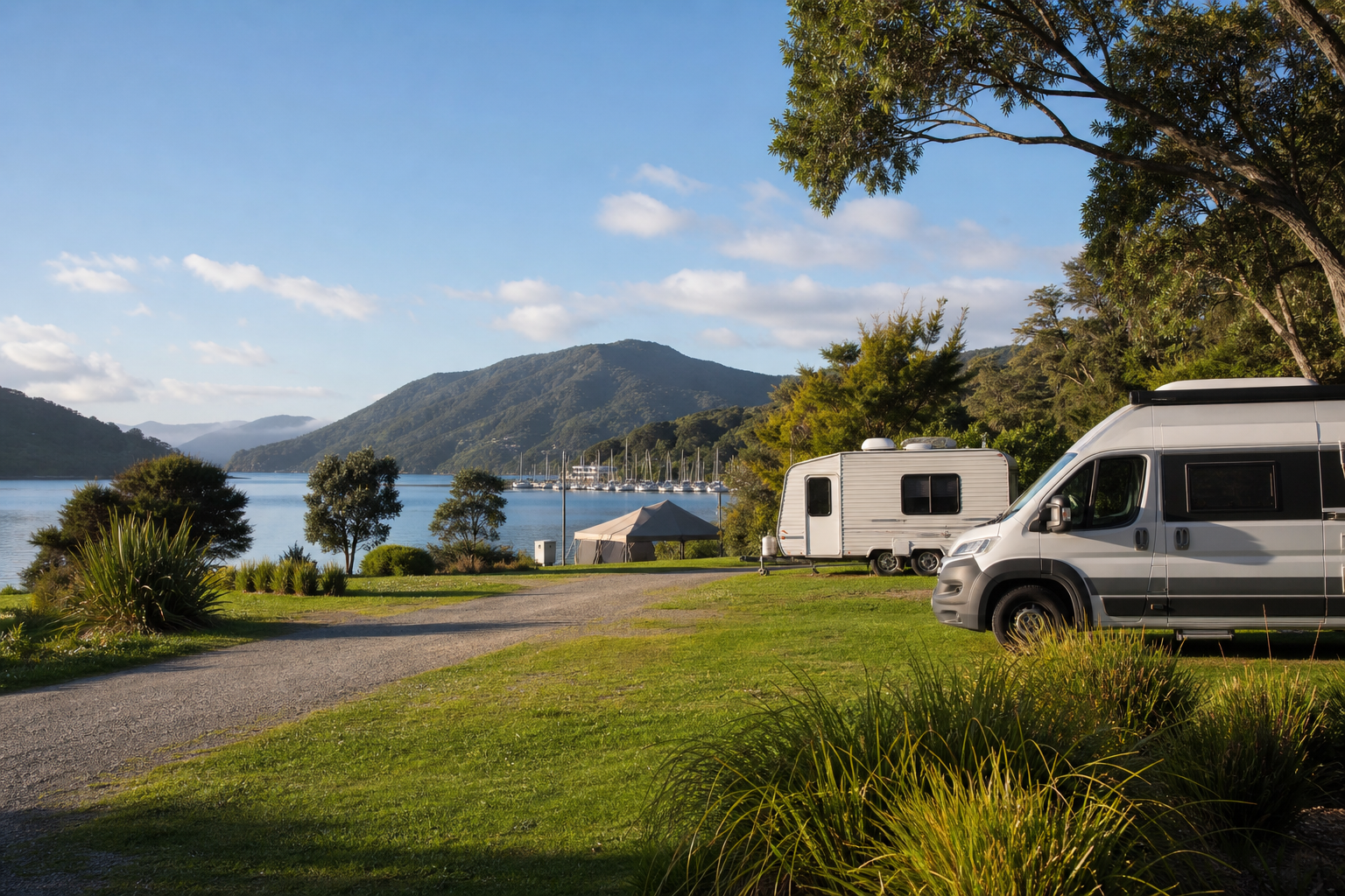 Campervan and caravan camping in Waikawa Bay near Picton